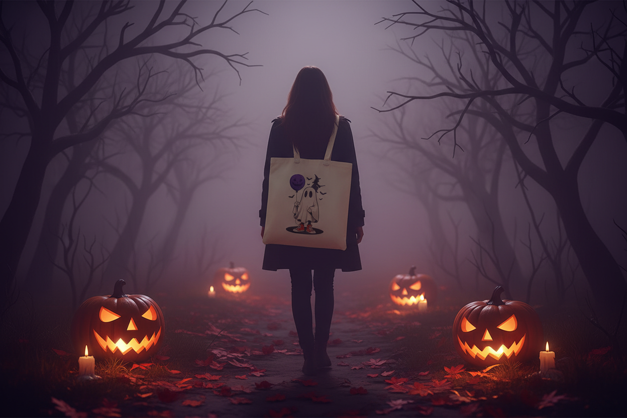 Foggy Halloween night with jack-o'-lanterns