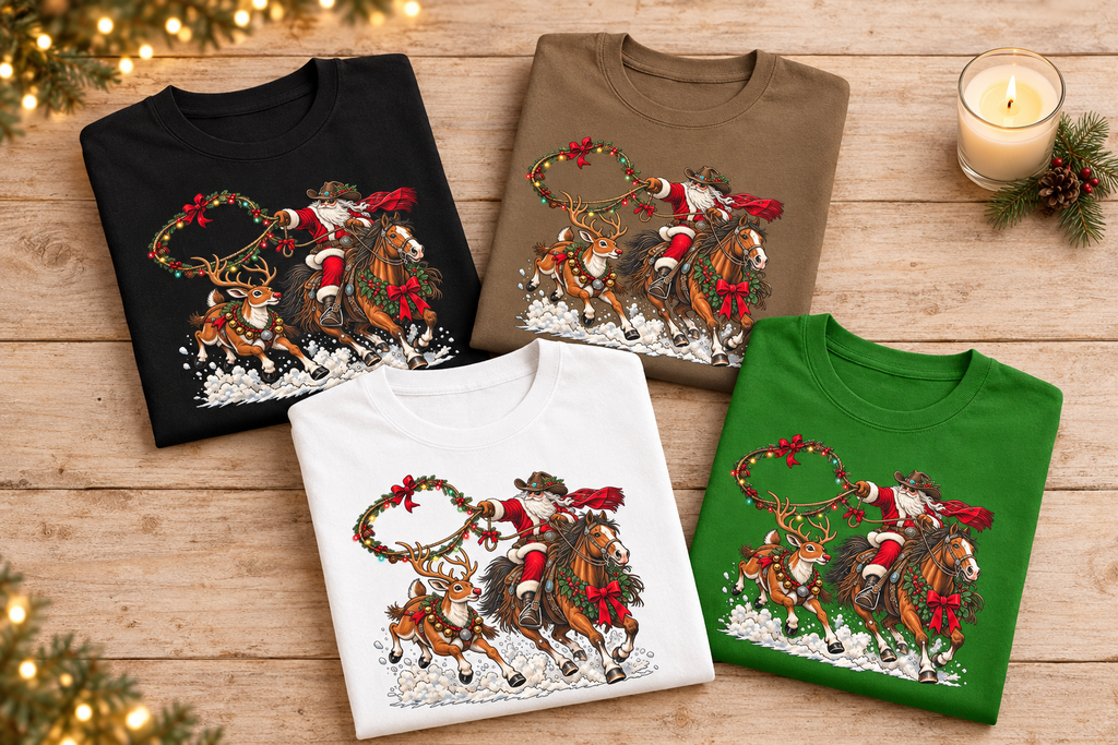Folded Cowboy Santa and Reindeer Rodeo shirts with Christmas candle