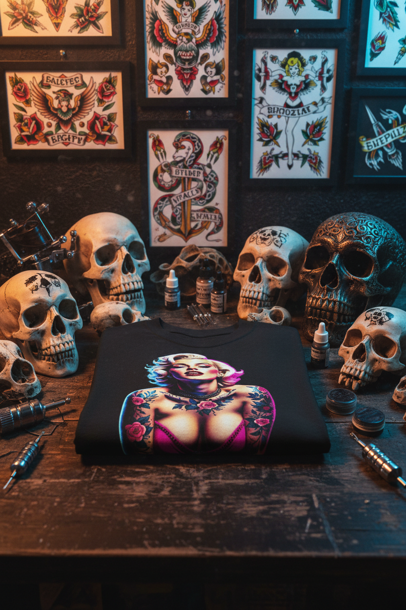 Folded Shirt with Skulls at Tattoo Shop