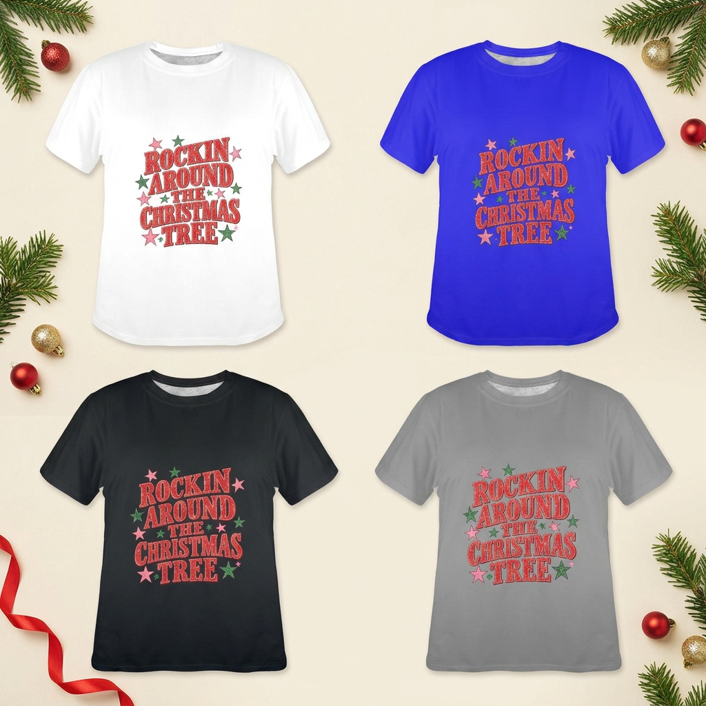 Four Christmas tee colors laid flat with subtle festive styling