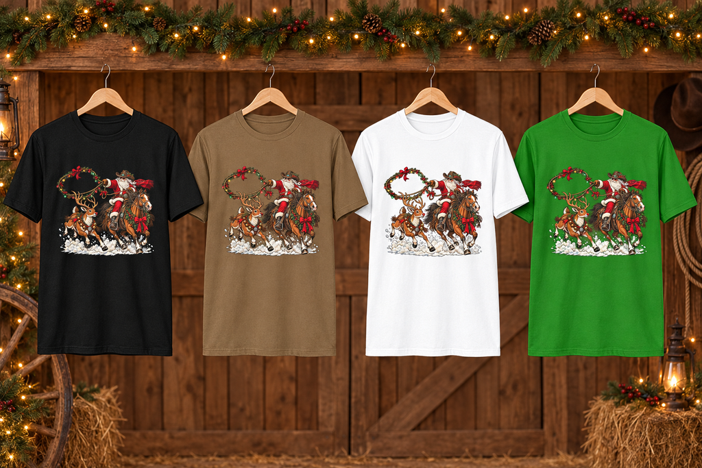 Four Cowboy Santa and Reindeer Rodeo tees on Christmas hangers