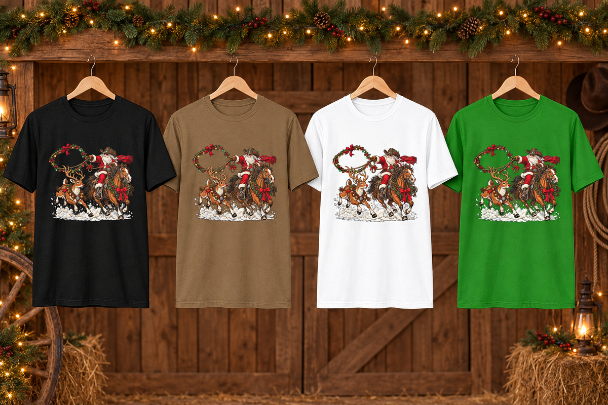 Four Cowboy Santa and Reindeer Rodeo tees on Christmas hangers