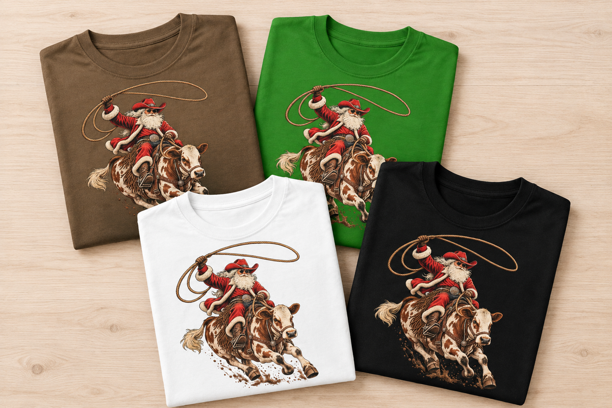 Four Cowboy Santa shirts in a folded stack