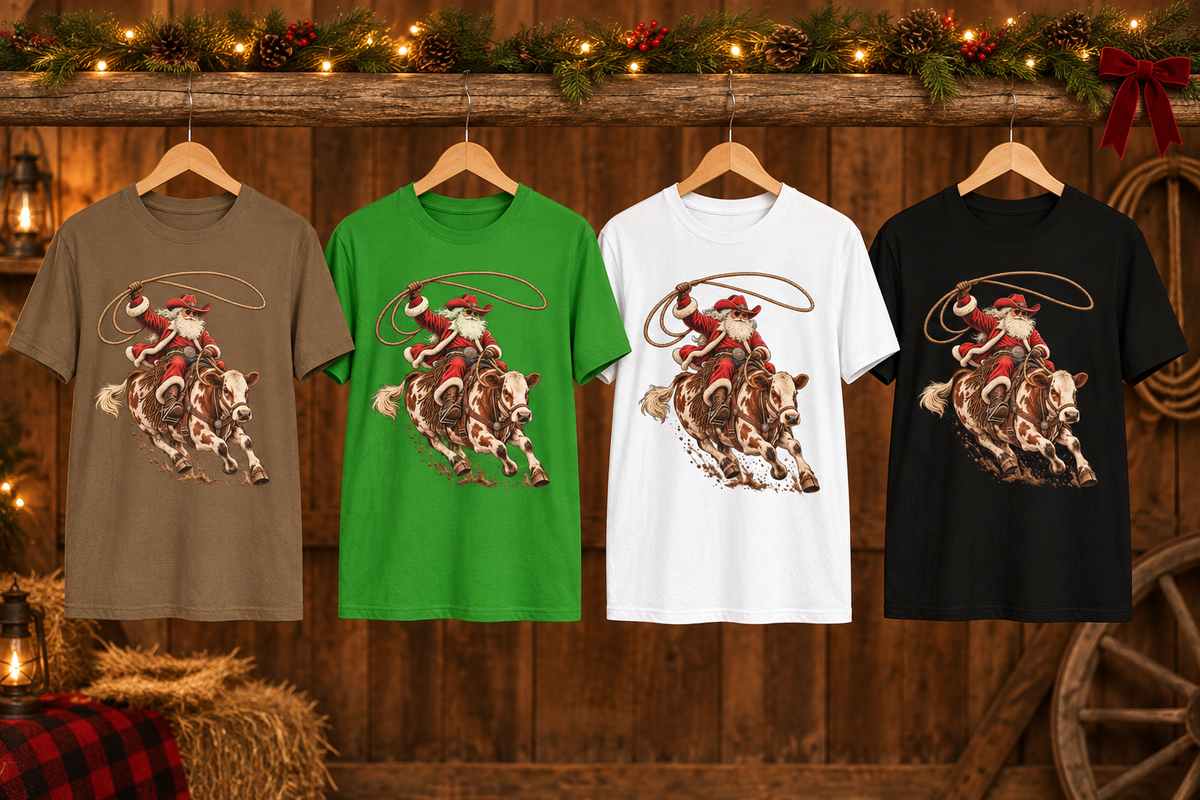 Four Cowboy Santa shirts on Christmas hangers