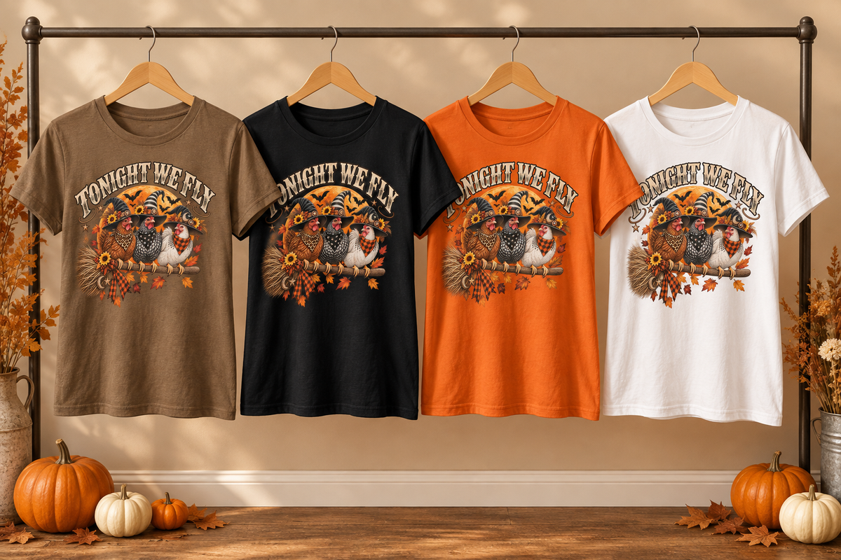Four Witchy Hens tees on hangers with pumpkins