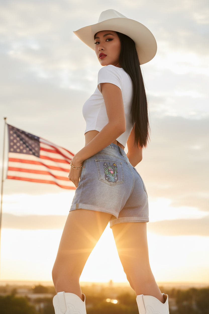Free Spirit Denim Shorts - Chinese Cowgirl Close Up