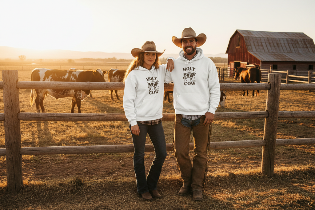Funny Cow Hoodie Cowgirl and Cowboy Ranch Mockup