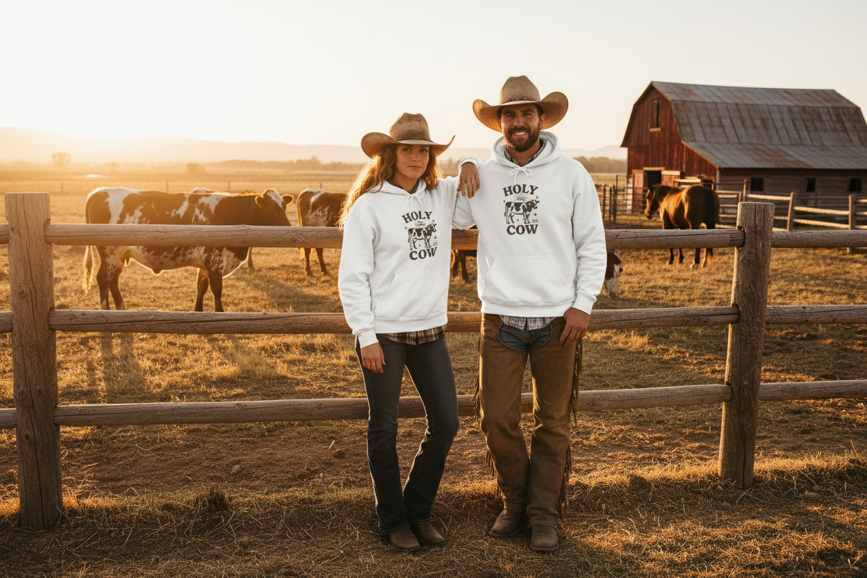 Funny Cow Hoodie Cowgirl and Cowboy Ranch Mockup