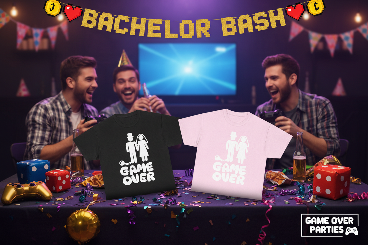 Game Over Bride & Groom tees party ad with all colors