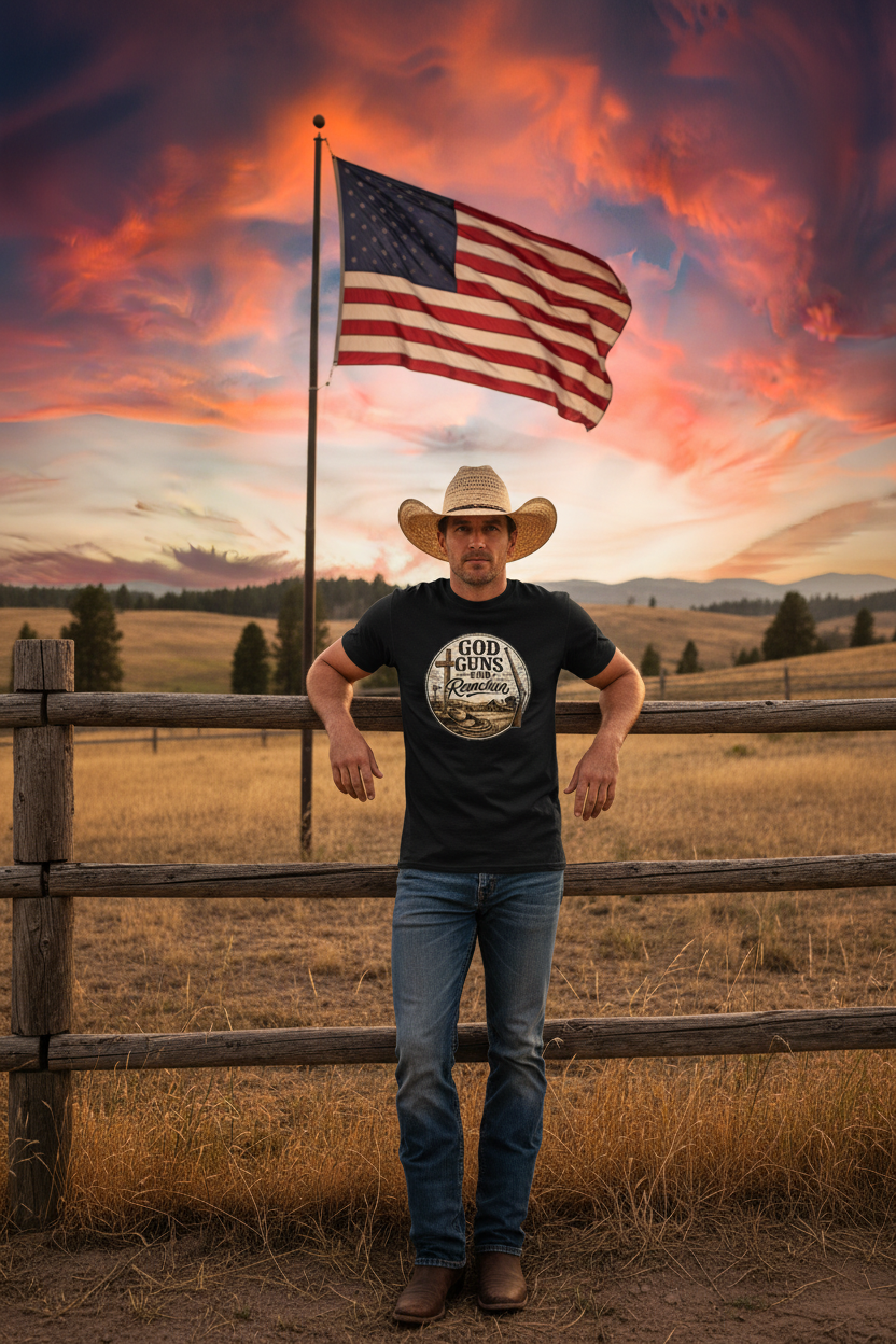 God Guns and Ranchin Black Tee Mockup