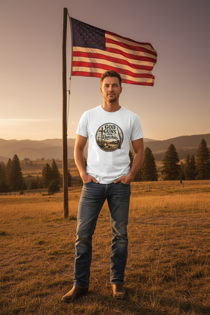 God Guns and Ranchin White Tee Mockup