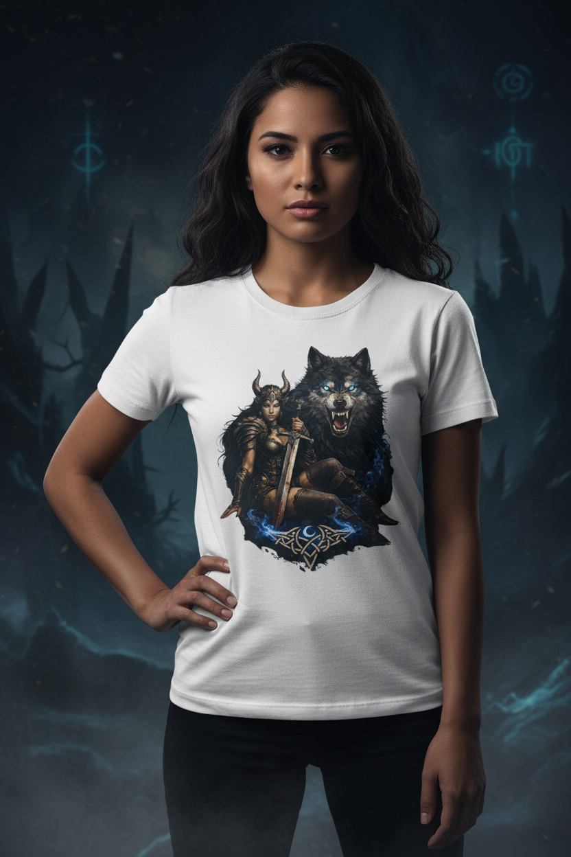 Gothic Wolf Warrior White Tee - Different Pose