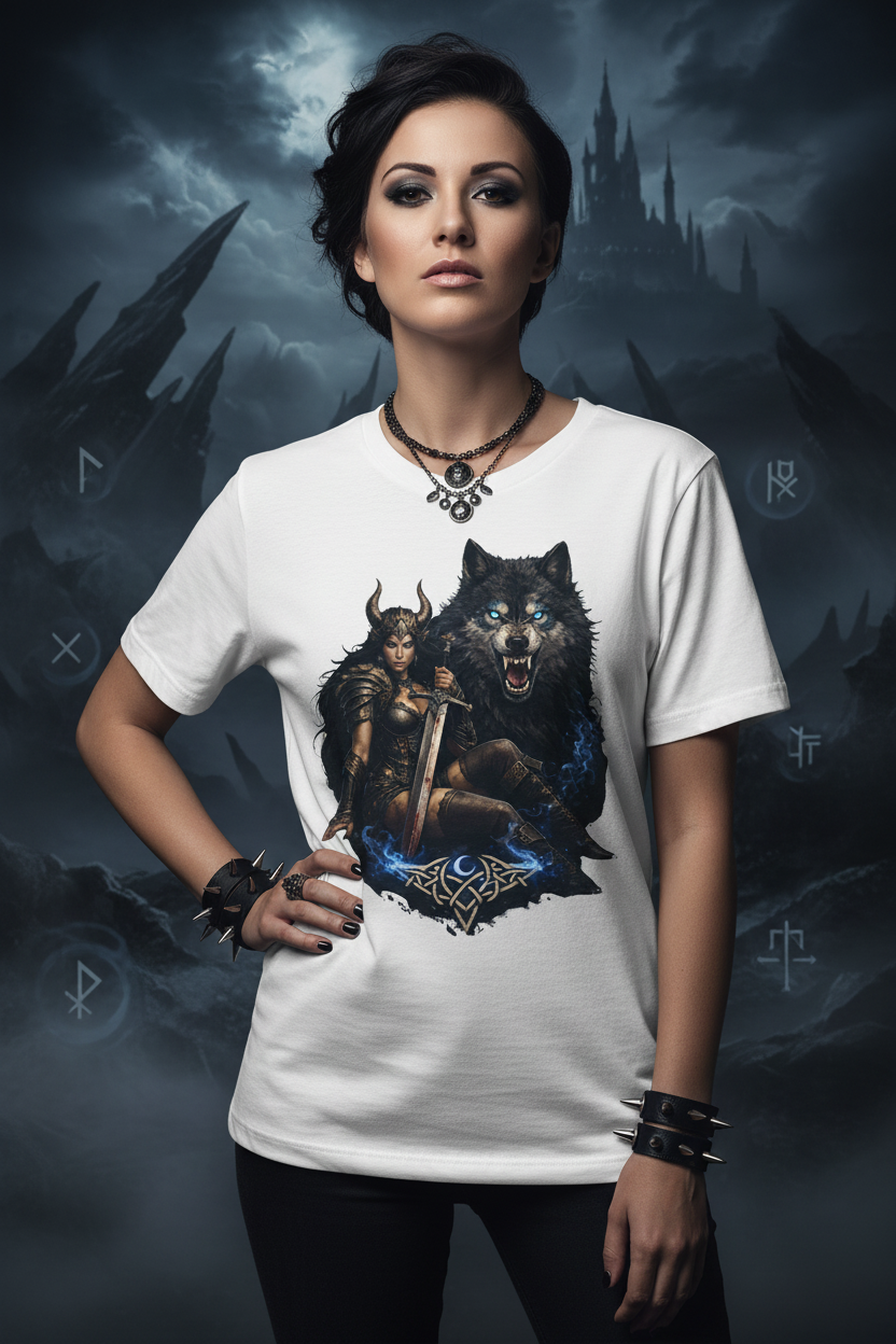 Gothic Wolf Warrior White Tee - Women's Mockup