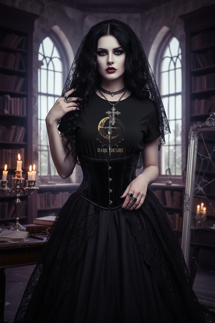 Gothic woman in dark romantic vintage setting