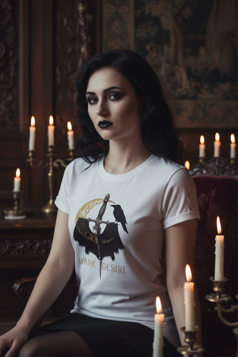 Gothic woman in shadowy indoor setting with candlelight