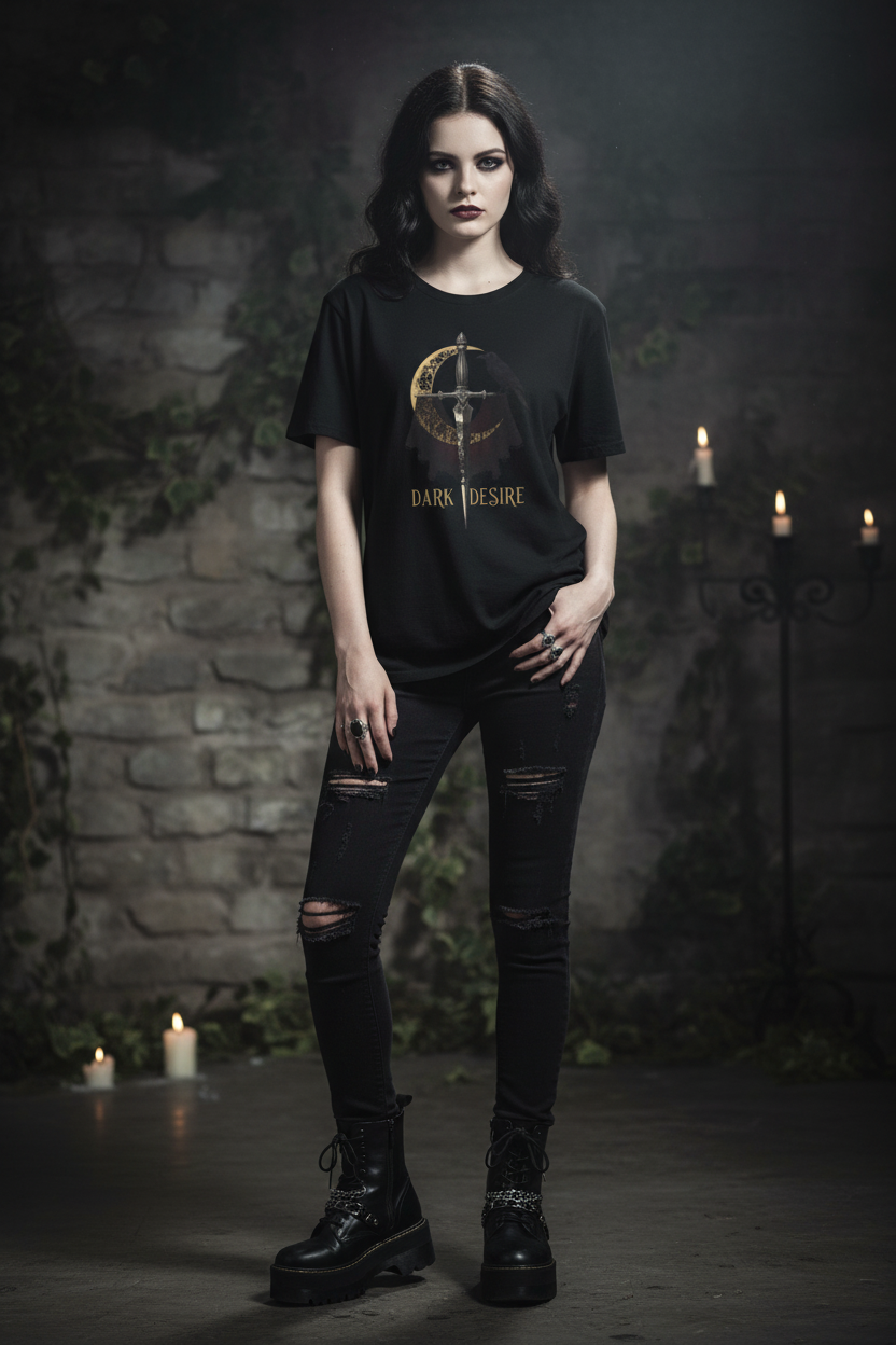 Gothic woman wearing Dark Desire sword and raven moon tee