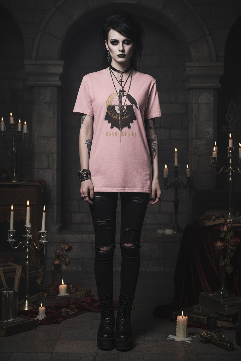 Gothic woman wearing pink Dark Desire sword and raven moon tee