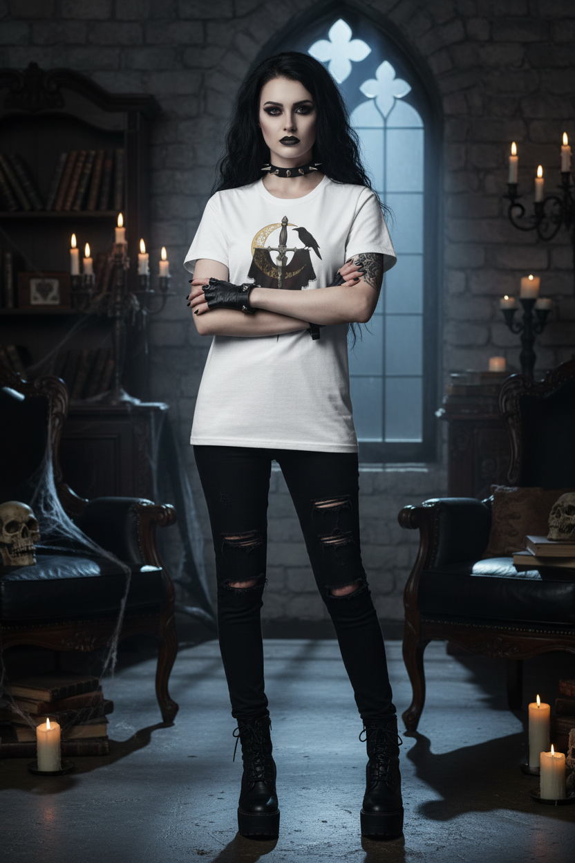 Gothic woman wearing white Dark Desire sword and raven moon tee