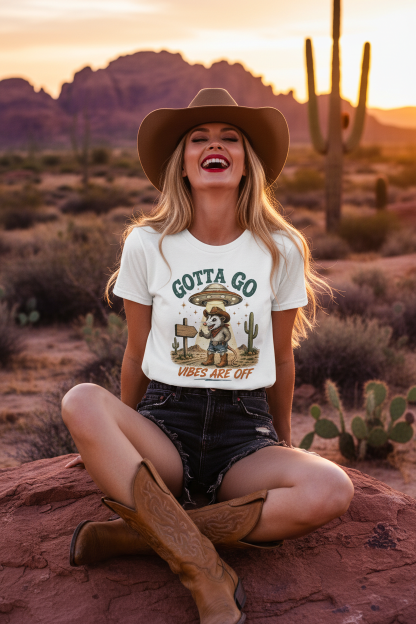 Gotta Go Vibes Are Off - White Tee Cowgirl Sitting Pose