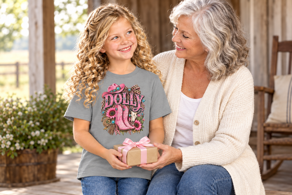 Grandma gift scene with the Dolly tee matched to the supplied grey reference