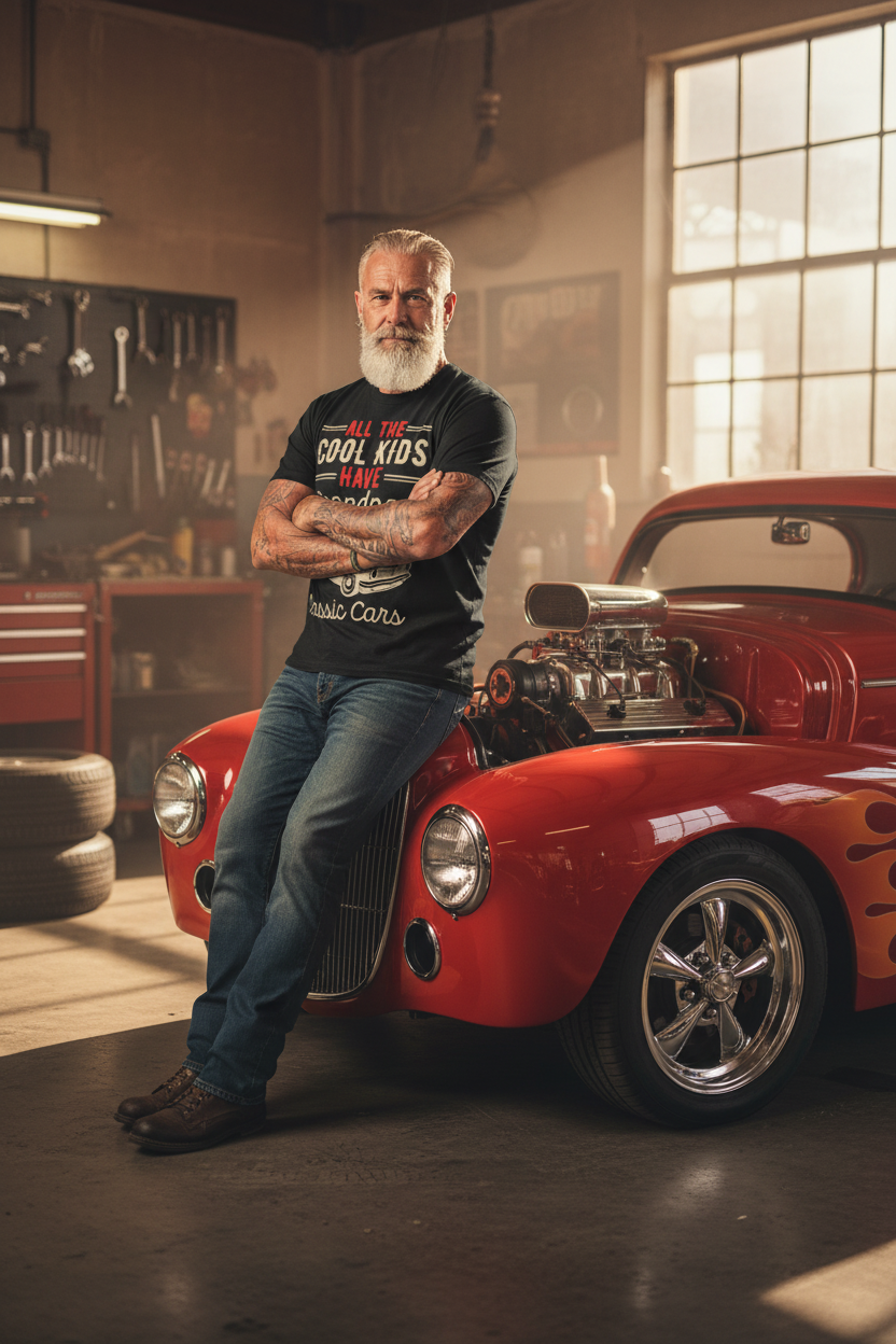 Grandpa leaning on classic hot rod
