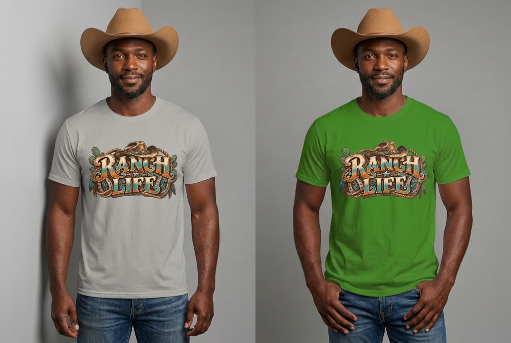Gray and green Ranch Life tees with one cowboy hat per view
