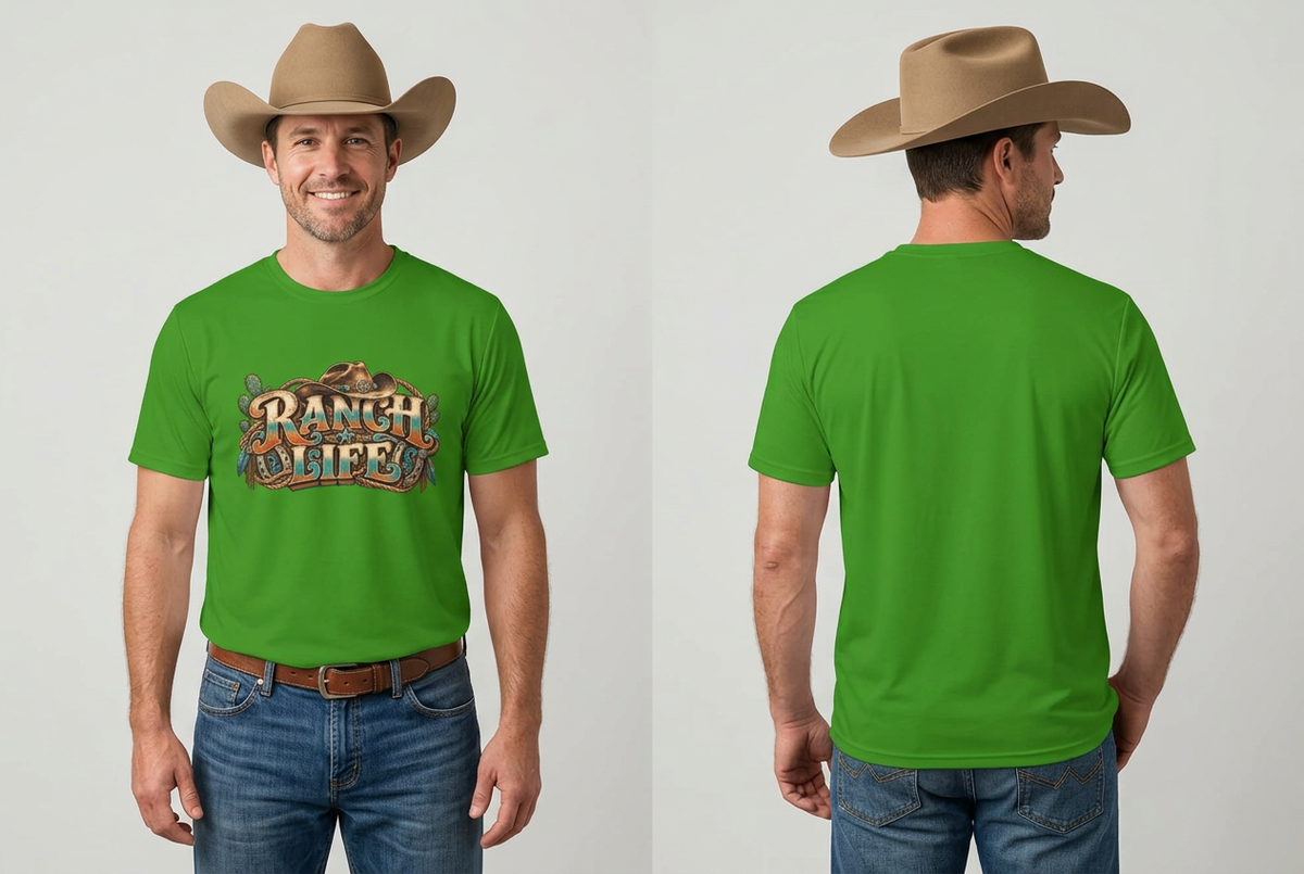 Green Ranch Life tee front and back cowboy studio mockup