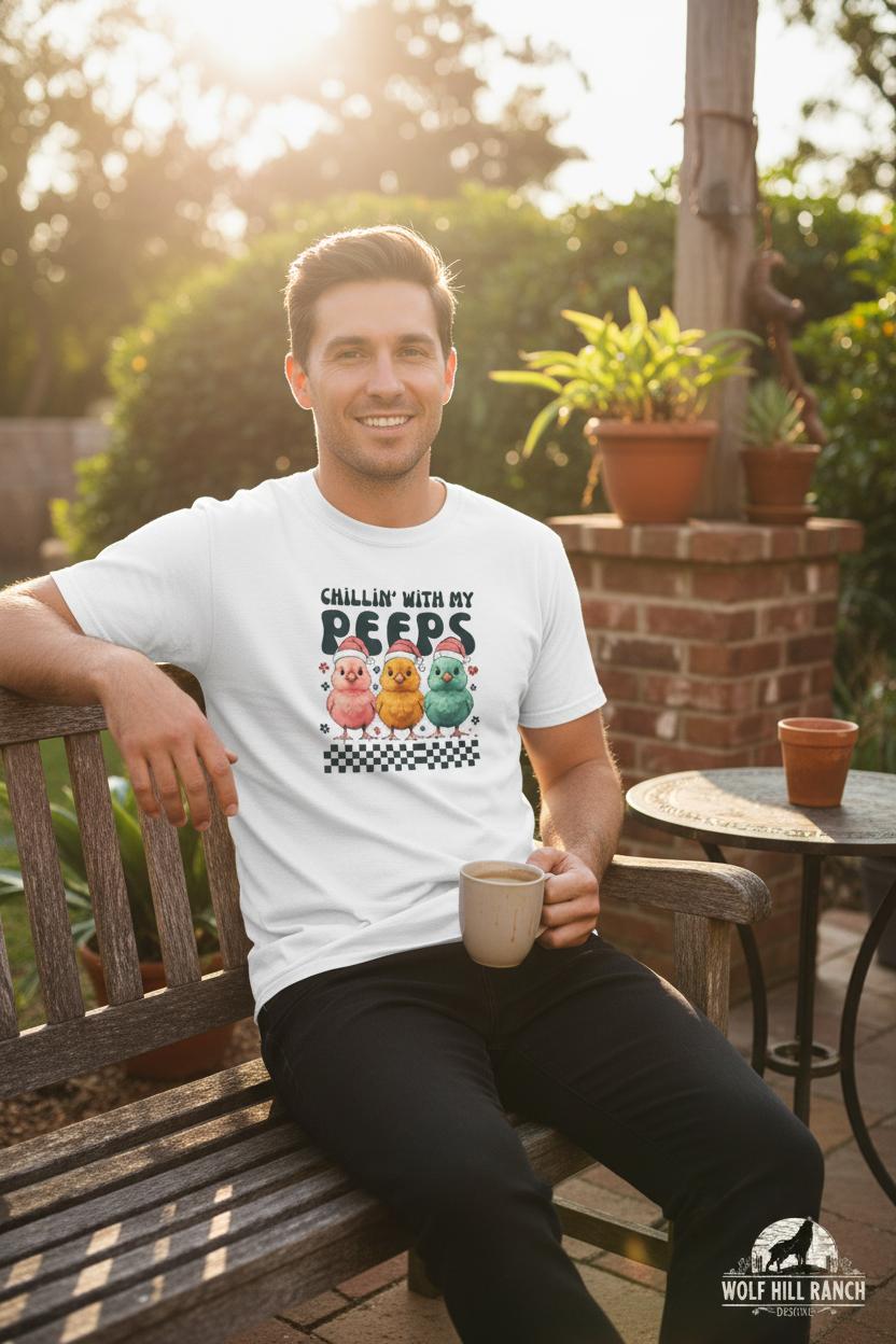 Guy wearing Chillin' With My Peeps T-Shirt with Wolf Hill Ranch logo