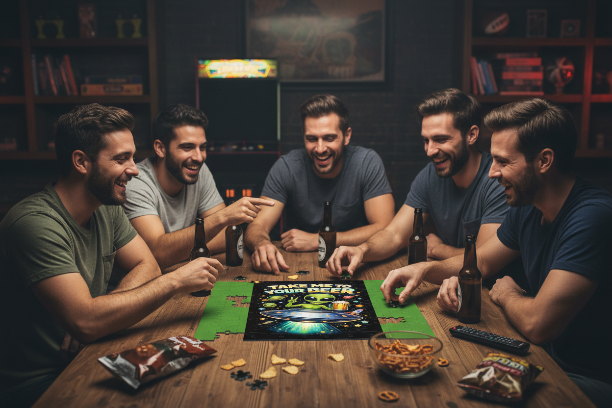 Guys at Party with Alien Beer Puzzle