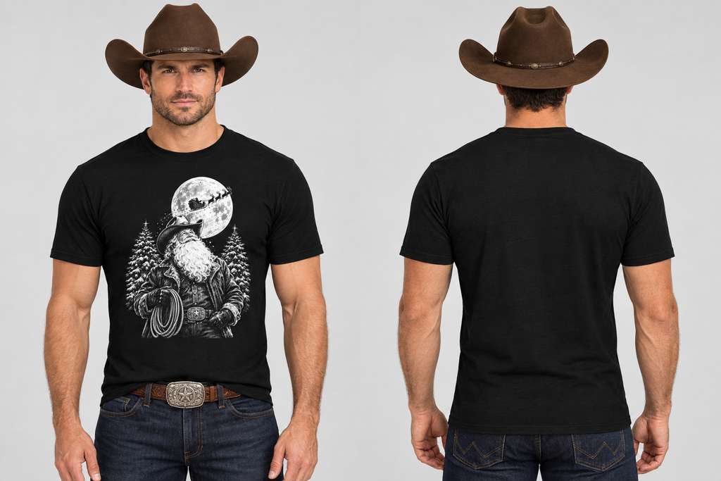 Handsome western cowboy wearing the black Cowboy Santa tee, front and back studio mockup