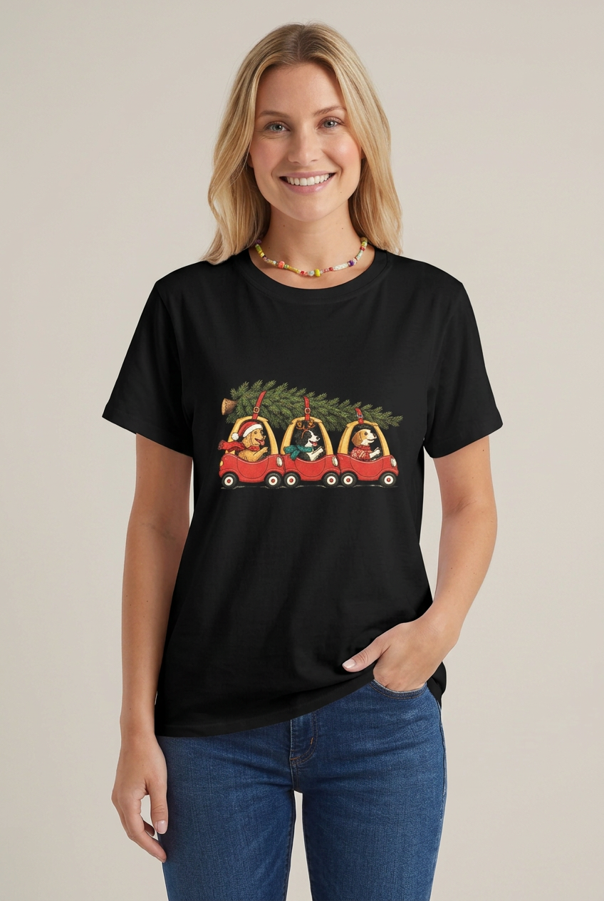 Happy blonde woman wearing the black Christmas dogs tee in a single front studio shot