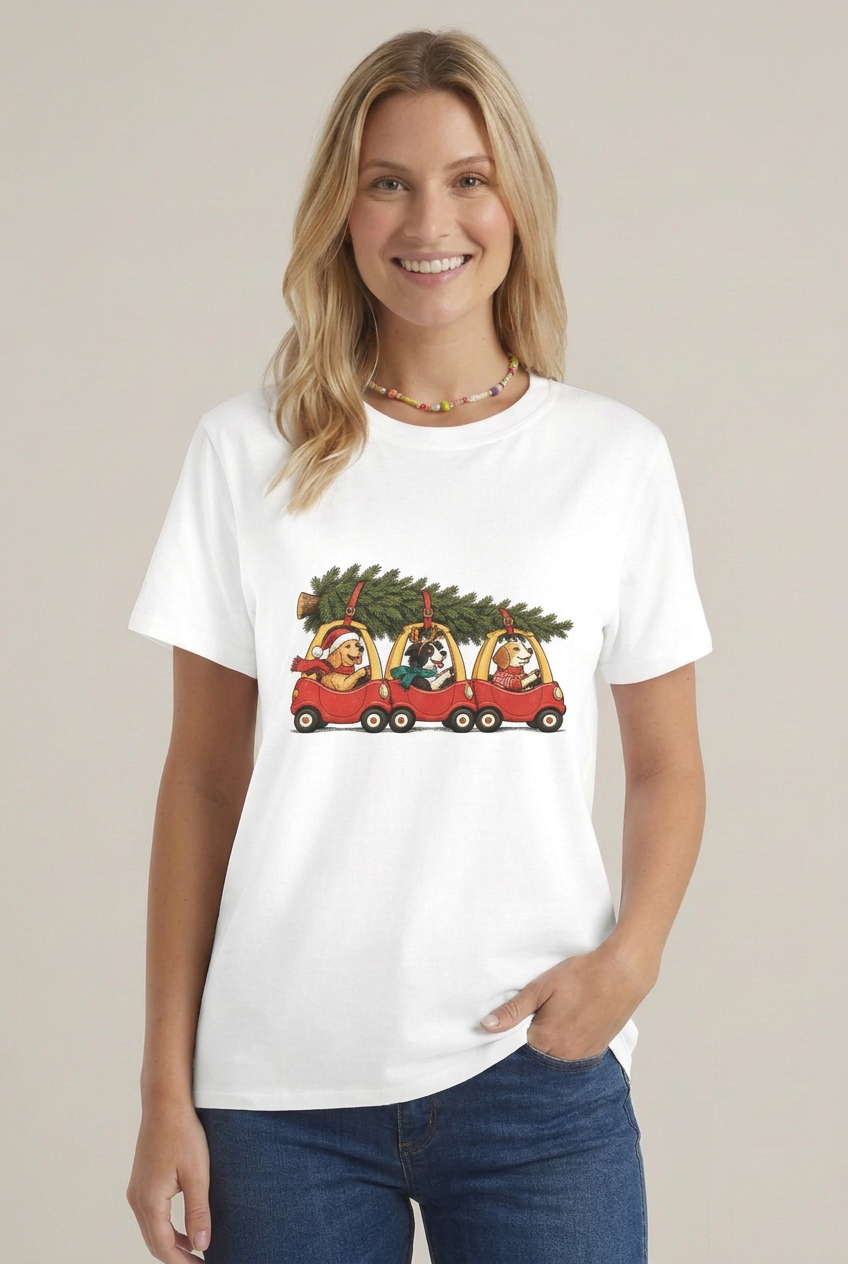 Happy front studio shot of the model wearing the white Christmas dogs tee
