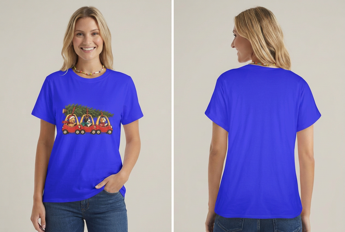 Happy model wearing the blue Christmas dogs tee, front and back studio views