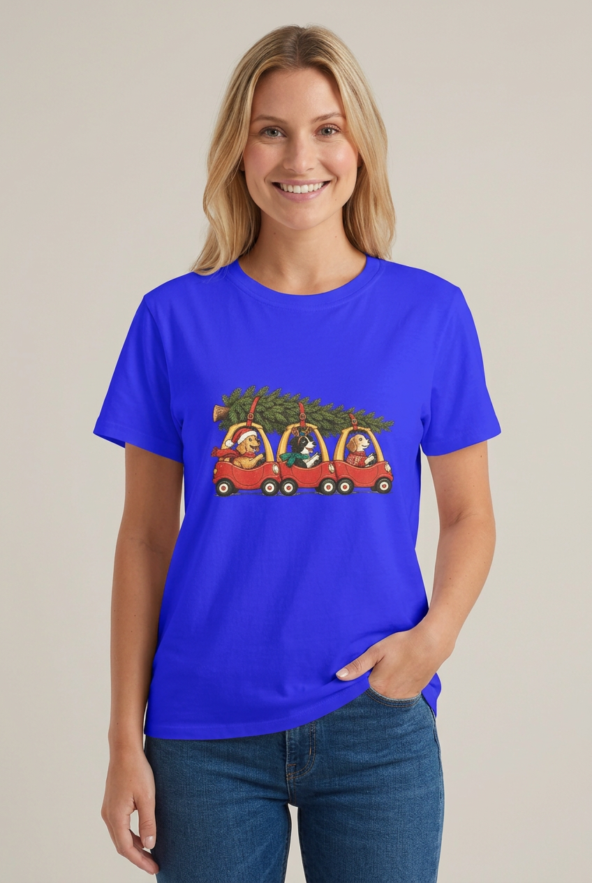 Happy model wearing the blue Christmas dogs tee in a single front studio shot