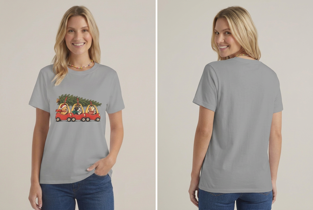 Happy model wearing the gray Christmas dogs tee, front and back studio views
