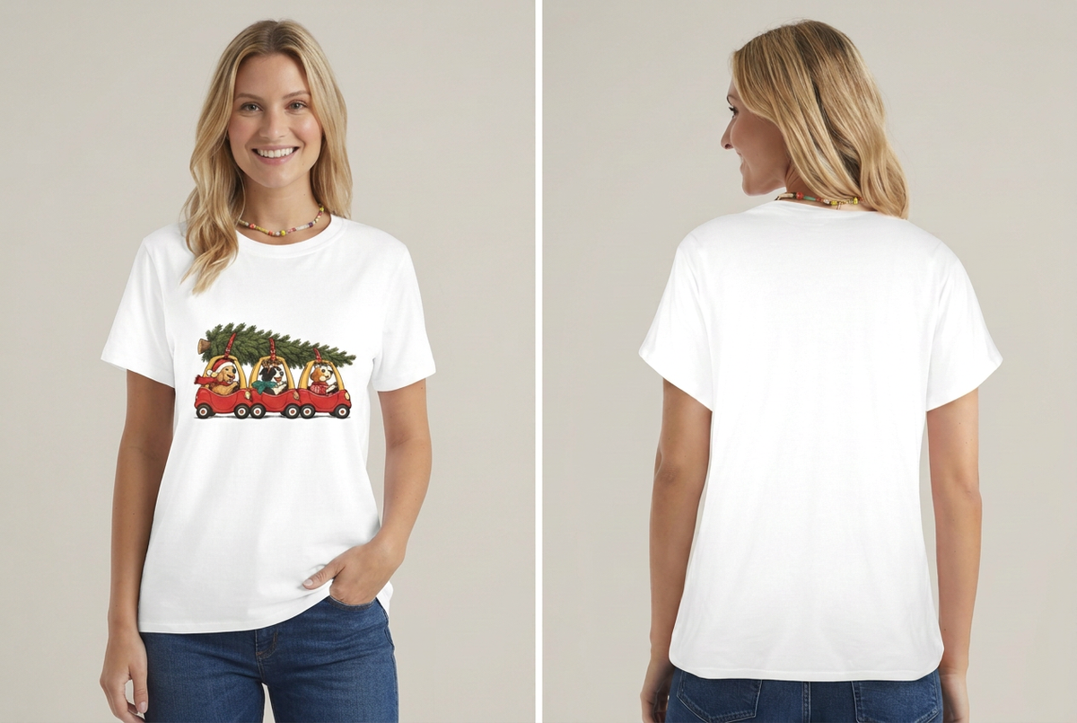 Happy model wearing the white Christmas dogs tee, front and back studio views