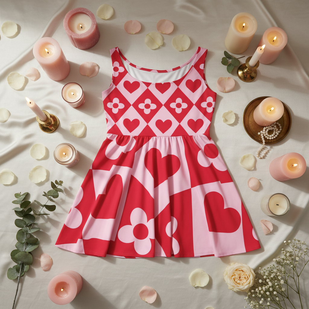 Heart & Flower Pink Dress Flat Lay with Candles