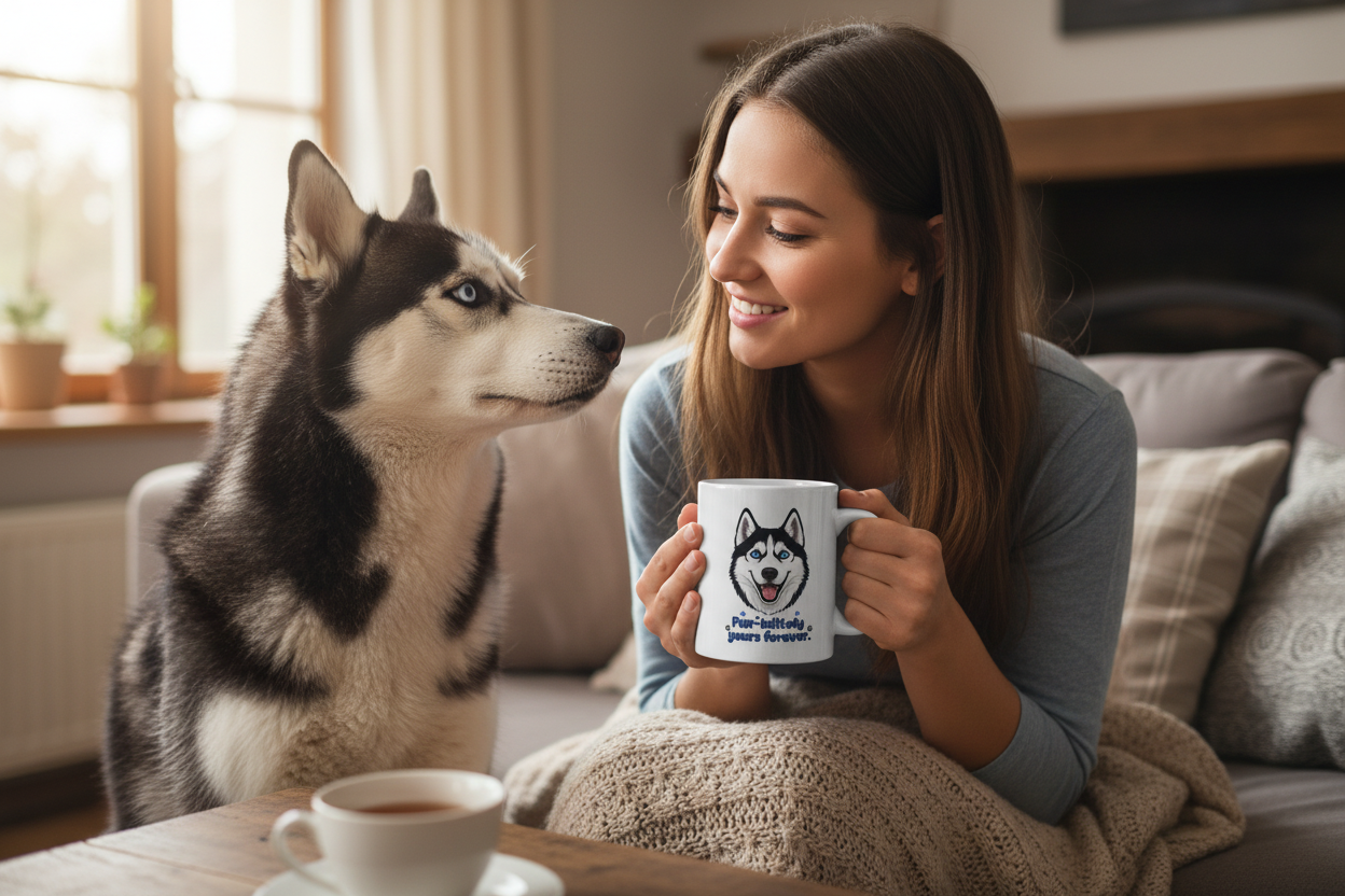 Husky Dog Mug - Lady with Blue-Eyed Husky Mockup