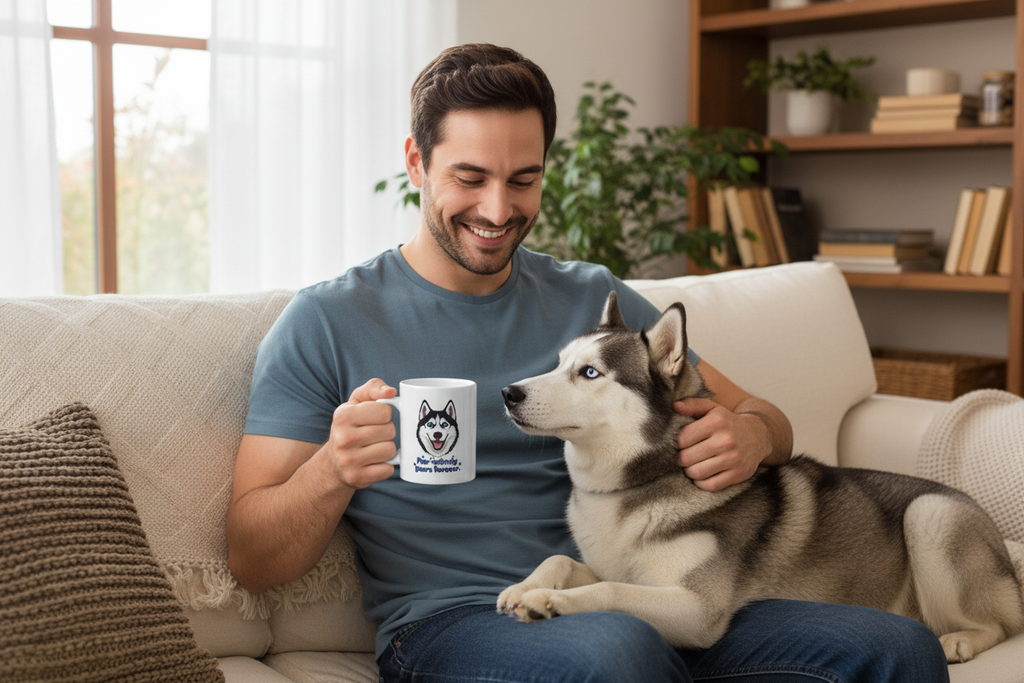 Husky Dog Mug - Man with Blue-Eyed Husky Mockup