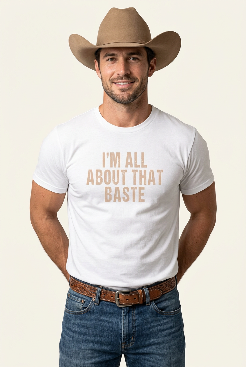 I’m All About That Baste white tee, open-shouldered standing pose