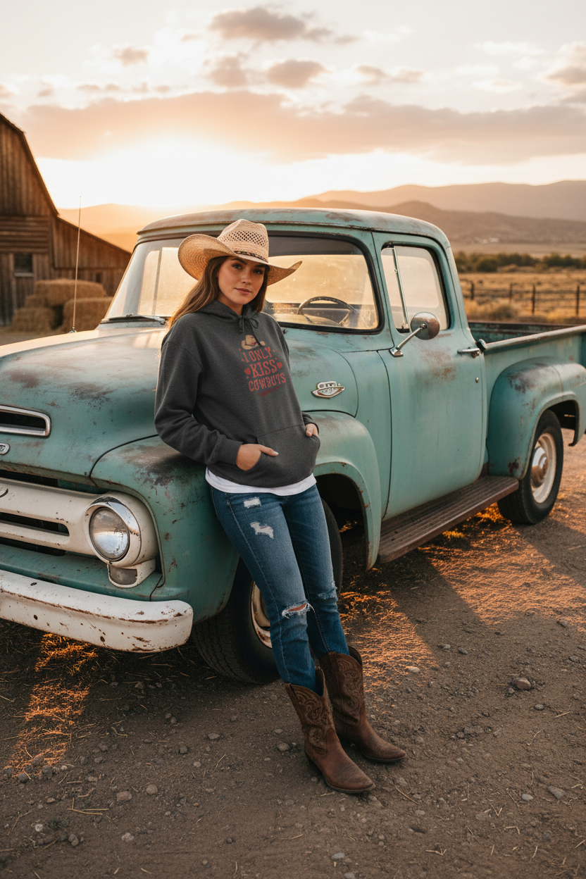 I Only Kiss Cowboys Hoodie - Western Photoshoot