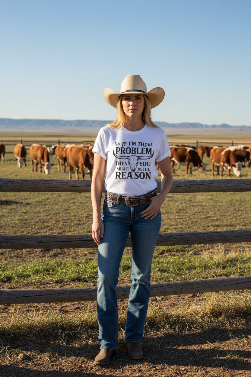 If I'm the Problem Tee - Cowgirl with Cows