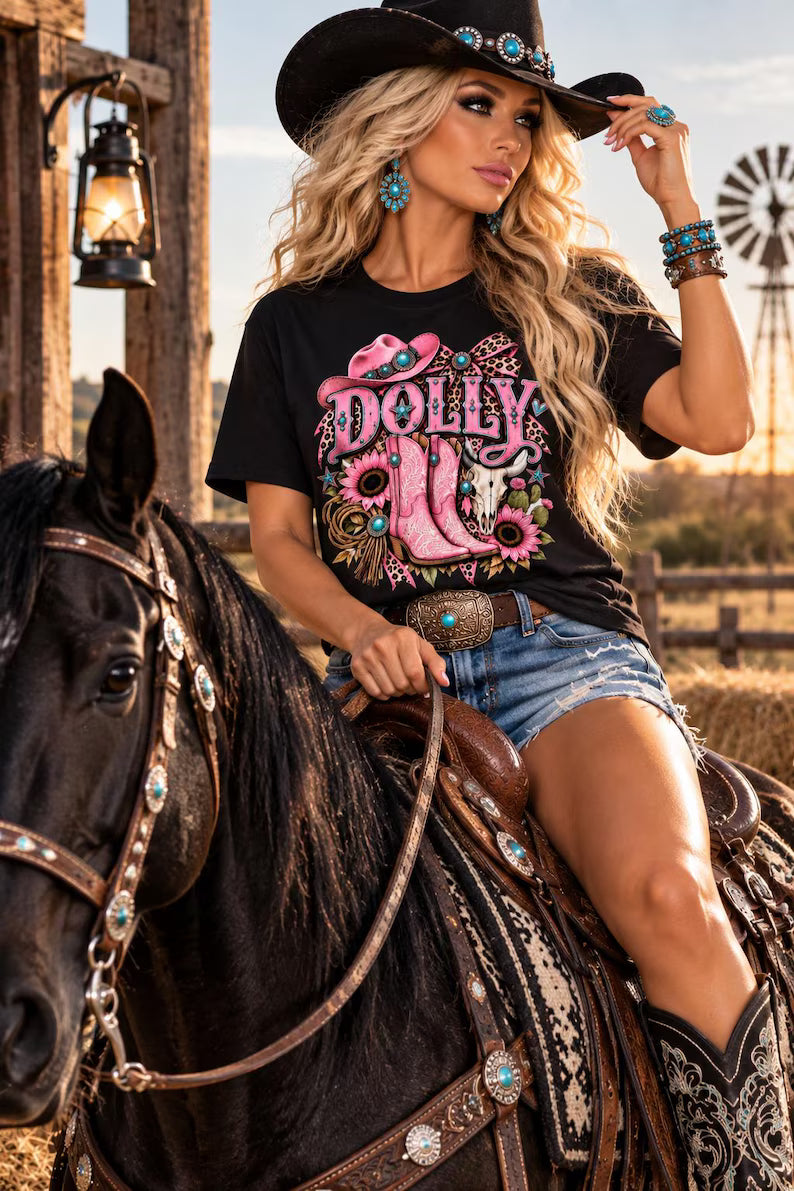 Dolly Pink Cowgirl Boots Women’s Western T-Shirt
