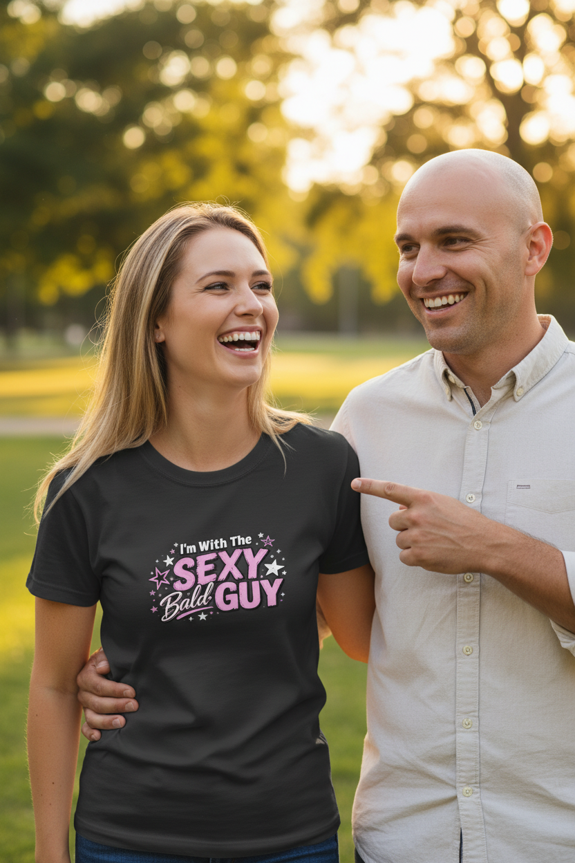 I'm With The Sexy Bald Guy - Black Tee Couples Shot
