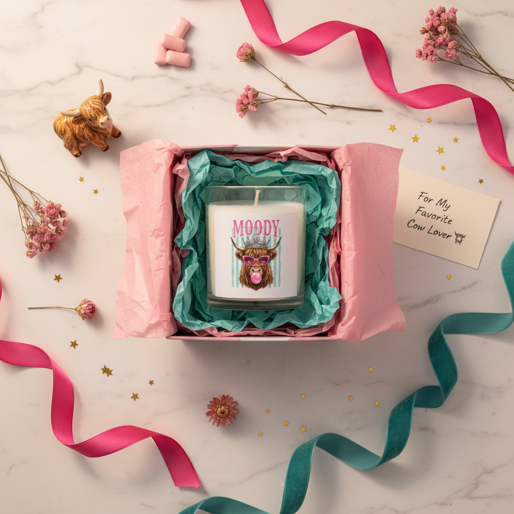 Moody Highland Cow Bubblegum Candle — Glass Candle Gift for Cow Lovers