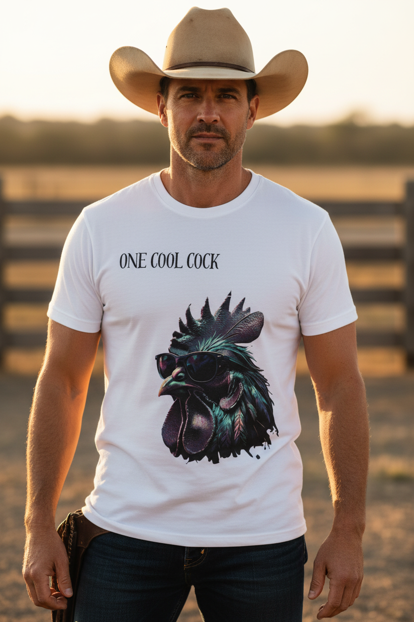 "One Cool Cock" Rooster with Sunglasses T-Shirt — Funny Farm Life Chicken Humor Tee | Wolf Hill Designs
