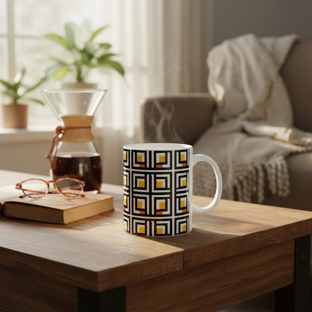 Vintage Elite Society Collection  Tile Ceramic Mug — Black, Yellow & Orange Pattern (11oz/15oz)