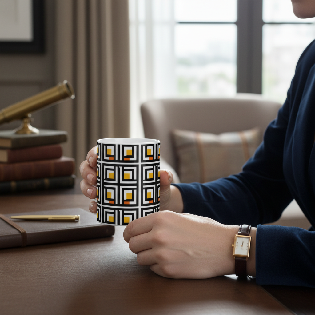 Vintage Elite Society Collection — Tile Ceramic Mug in Black, Yellow & Orange Pattern (11oz / 15oz)