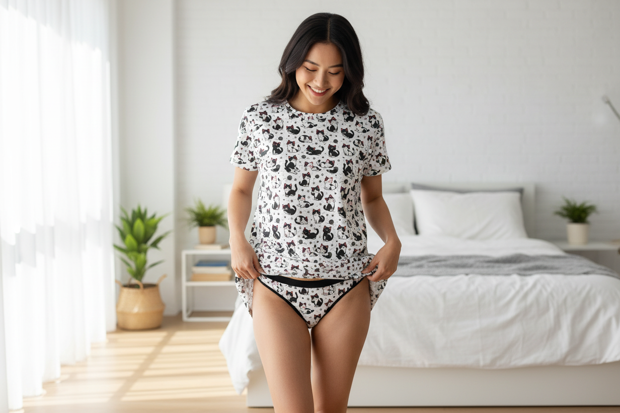 Cat Pattern T-Shirt Sleep Dress — Black & White Cat