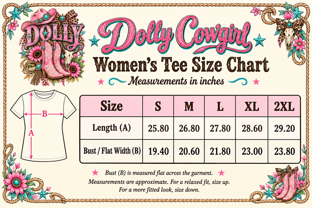 Dolly Cowgirl women’s tee size chart S to 2XL, length and flat width in inches